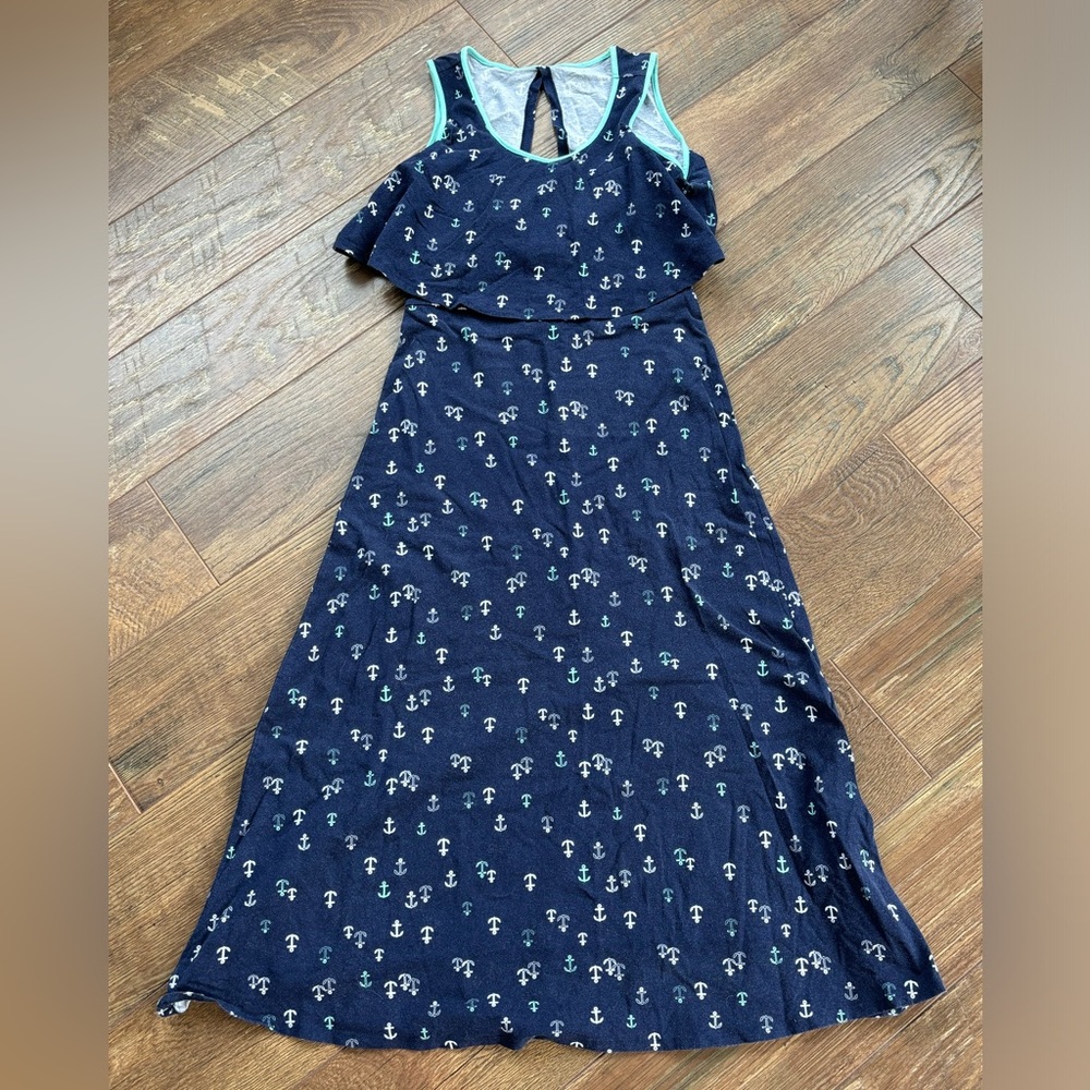 Girls’ Navy Maxi Dress with Anchor Print, Size 14 1/2